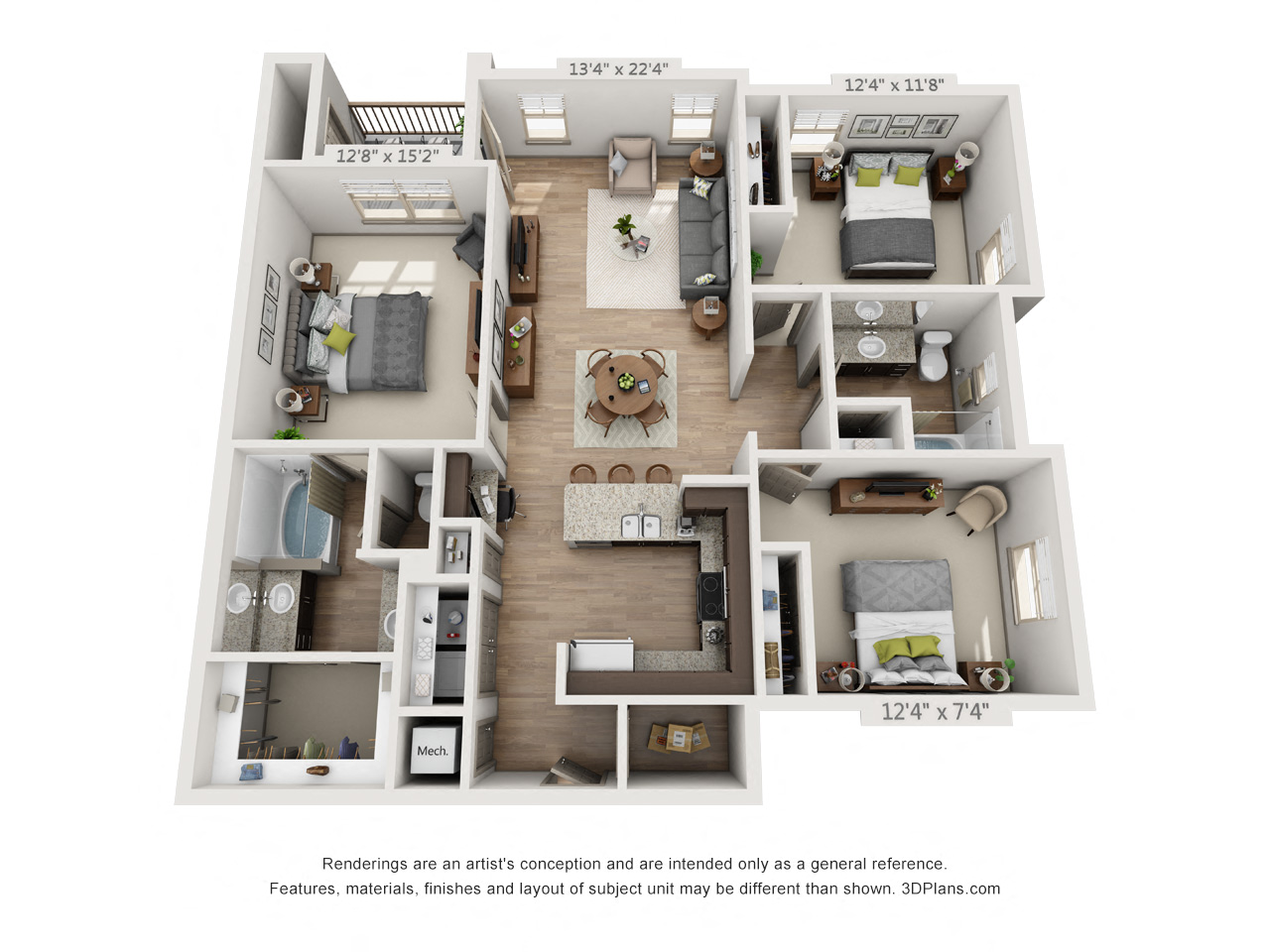 Floor plan for 3 beds, 2 baths, 1411 sqft